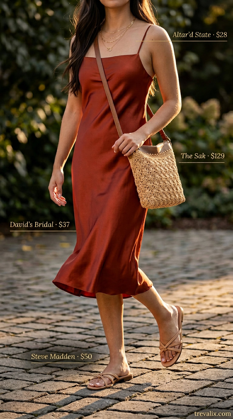 Rust orange satin midi slip dress with tan sandals and straw crossbody for casual summer sundresses 2026.