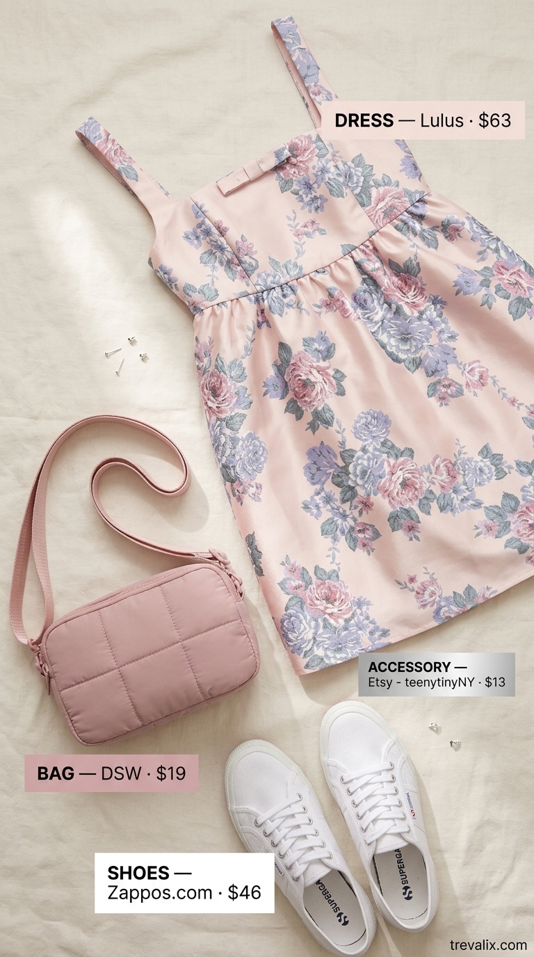 Pastel floral babydoll mini dress with white sneakers and light pink crossbody for casual summer sundresses 2026.