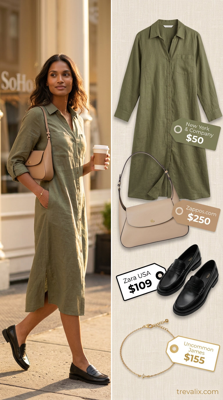 Khaki green linen midi shirt dress with tan shoulder bag and black loafers for casual summer sundresses 2026.