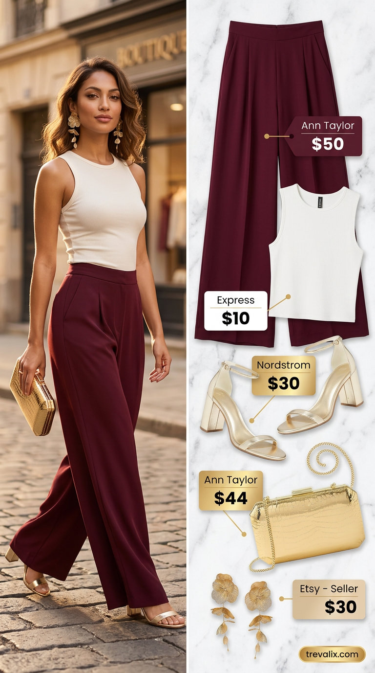Chic summer vacation outfits for women 2026: Burgundy palazzo pants, ivory tank, gold heels for sunset cruise.