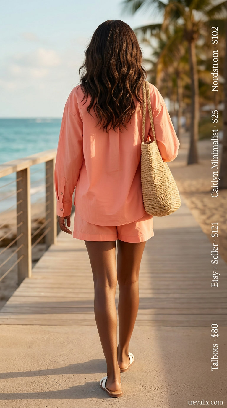 Chic summer vacation outfits for women 2026: Coral linen shorts set, raffia tote, and gold hoops for beach town.