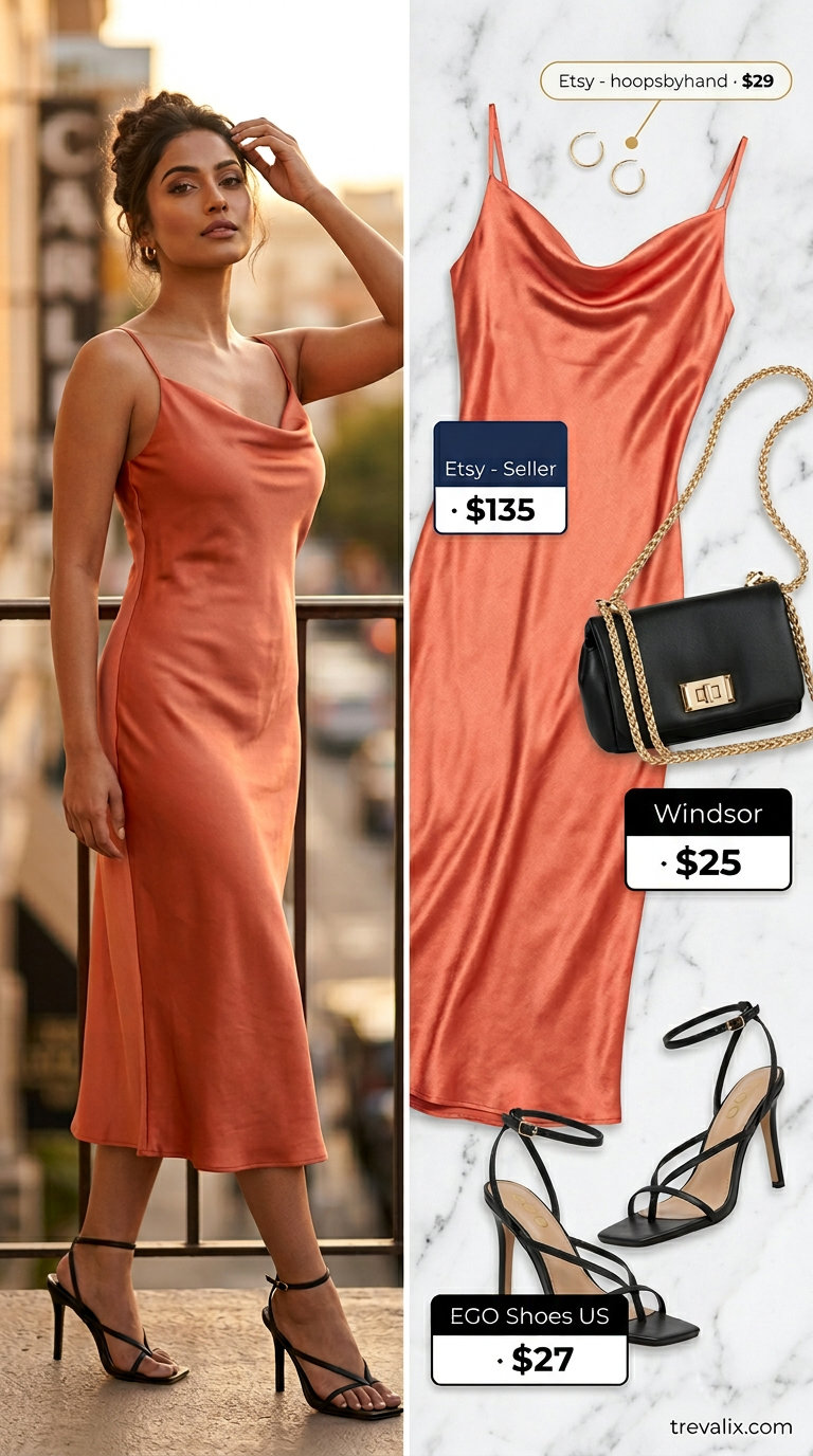 Chic summer vacation outfits for women 2026: Coral slip dress, gold earrings, and black heels for evening cocktails.