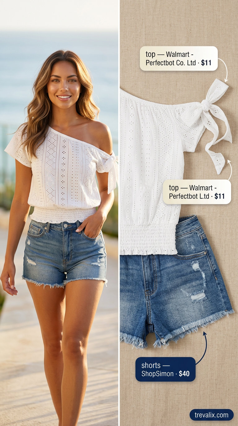 Chic summer vacation outfits for women 2026: Denim shorts, off-the-shoulder blouse, espadrilles, and straw bag.