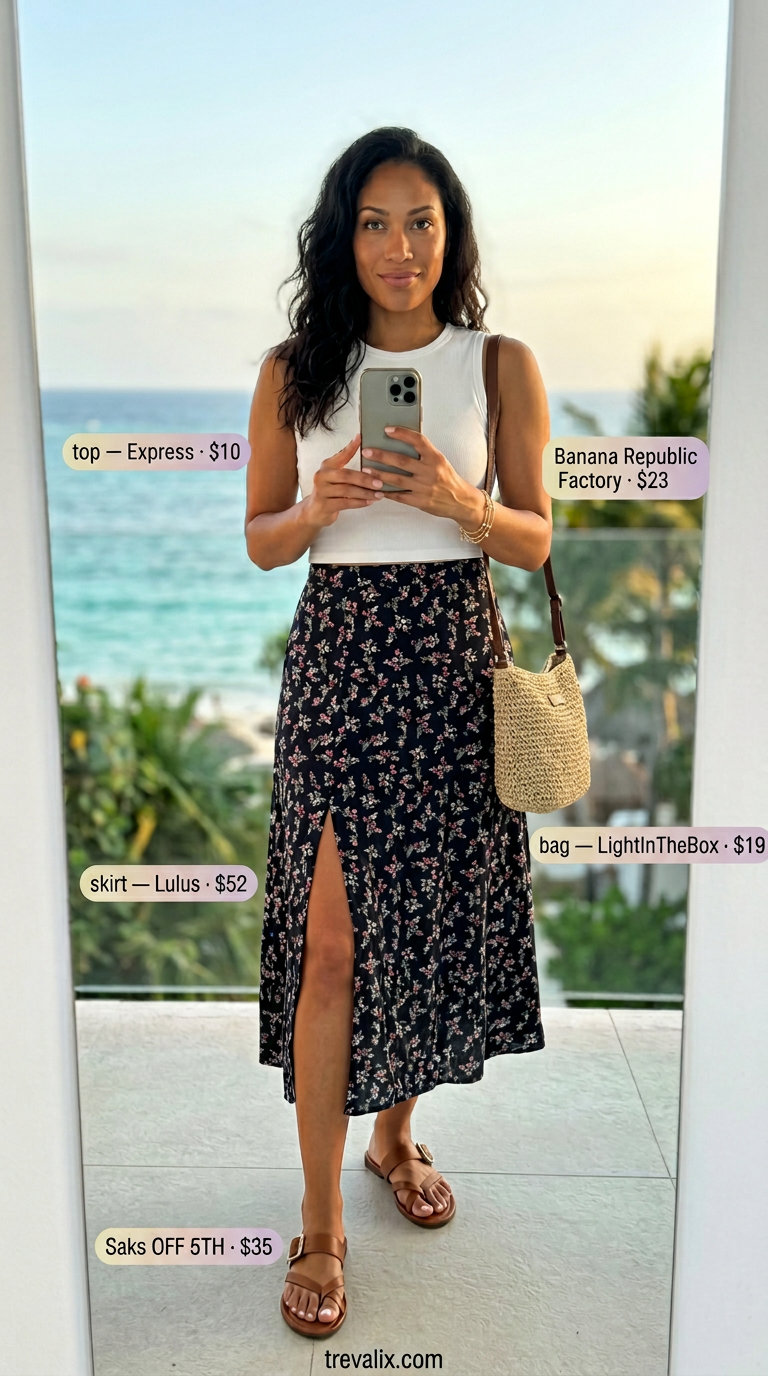Chic summer vacation outfits for women 2026: Navy floral midi skirt, white tank, flat sandals for daytime excursion.