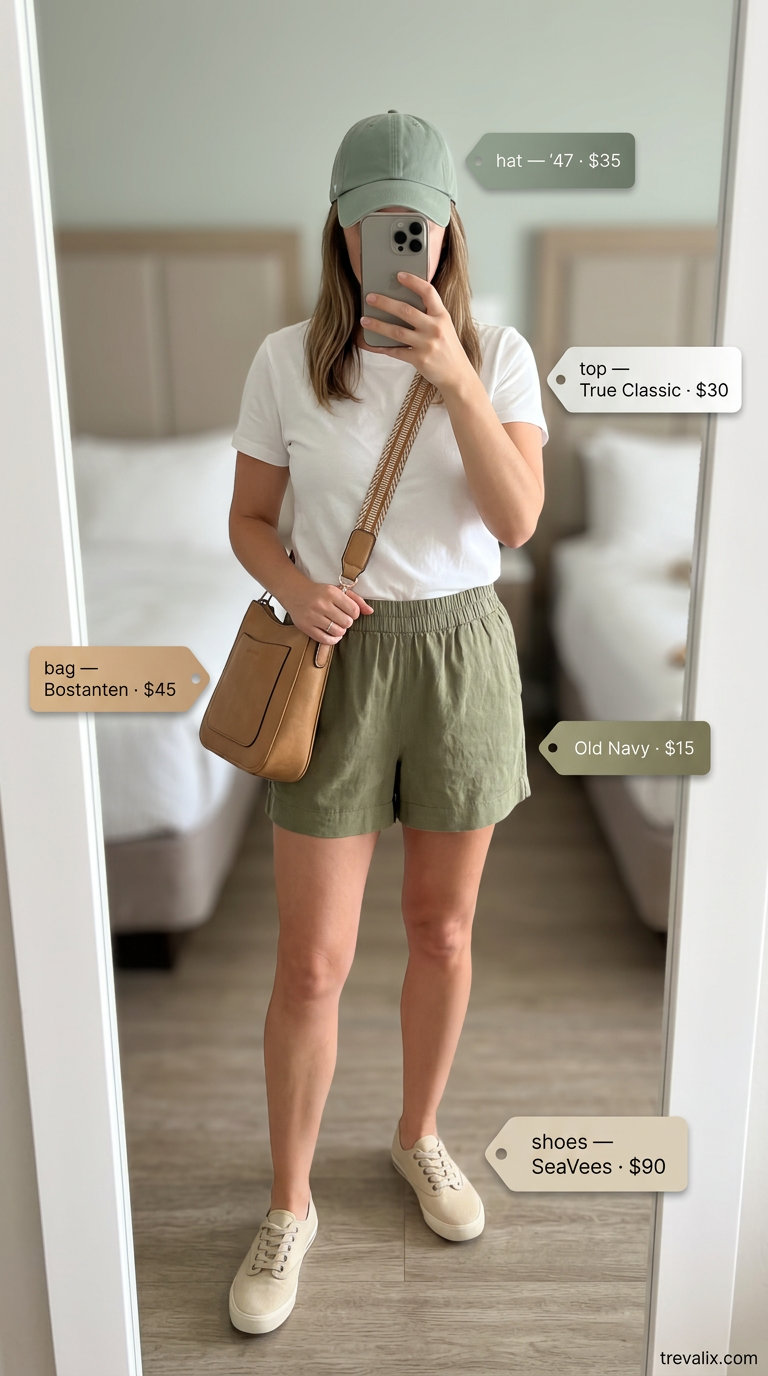 Chic summer vacation outfits for women 2026: Olive green linen shorts, white tee, cap, and crossbody bag.