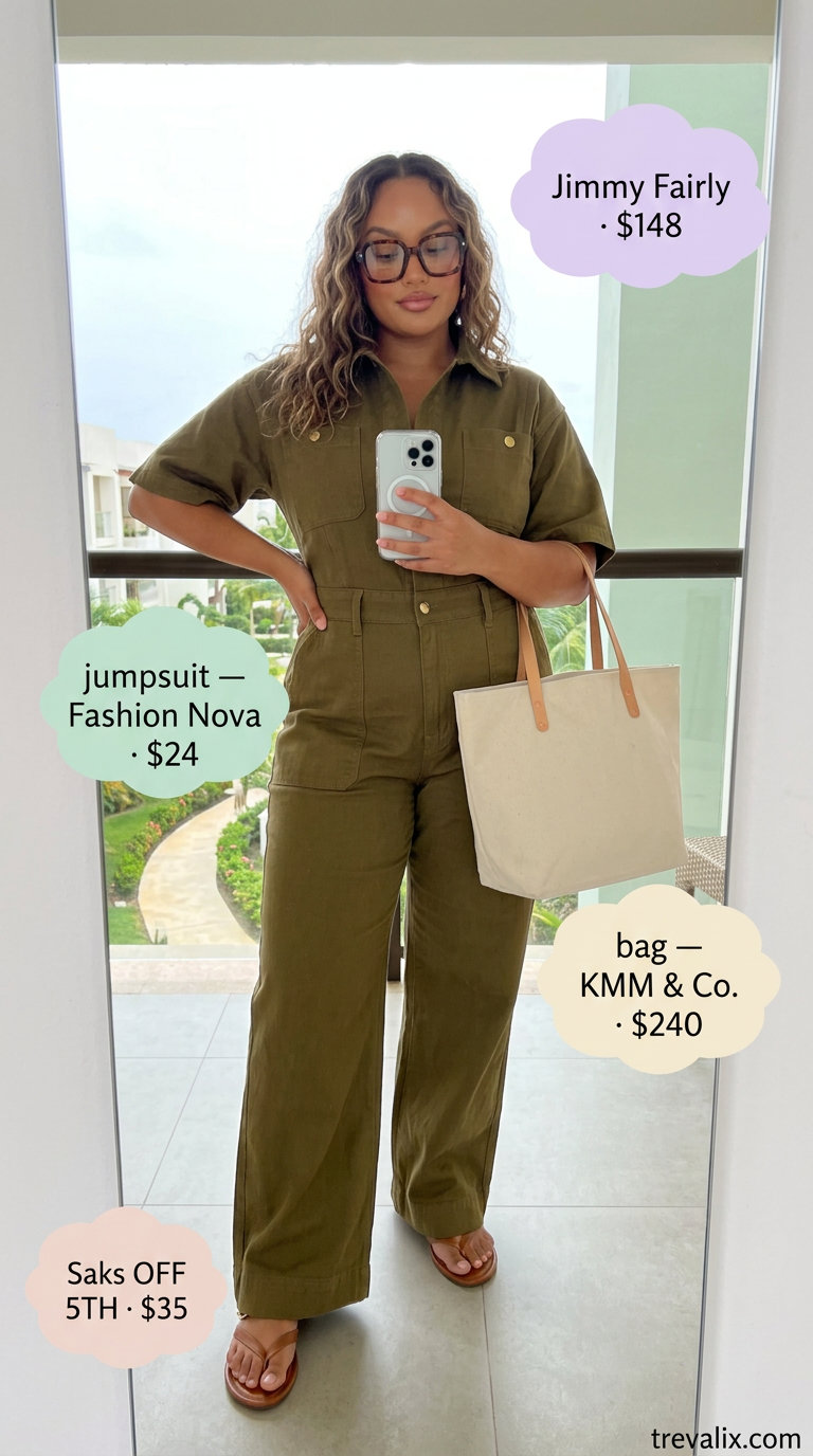 Chic summer vacation outfits for women 2026: Olive green utility jumpsuit, leather sandals, and tote bag.