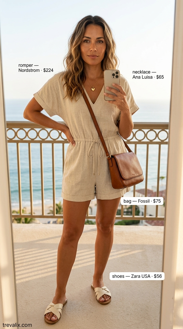 Chic summer vacation outfits for women 2026: Beige linen romper, crossbody bag, and flat sandals for daytime exploring.
