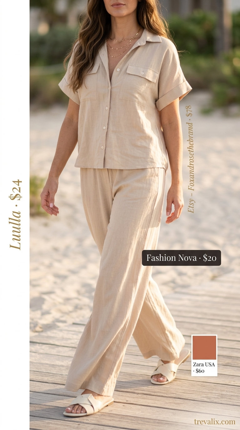 Chic summer vacation outfits for women 2026: Sand linen set with white sandals and straw bag for beach day.