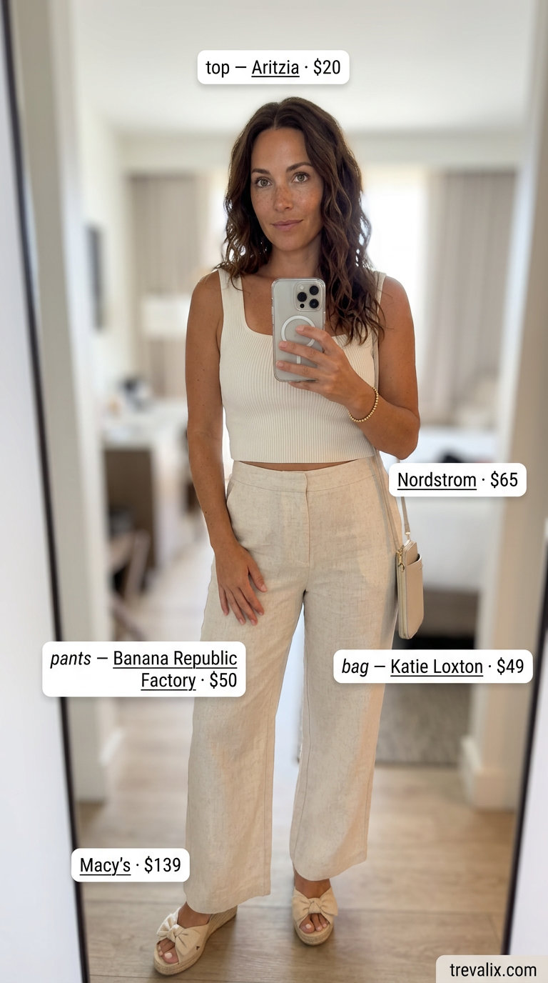 Chic summer vacation outfits for women 2026: White linen trousers, beige tank, espadrilles, and crossbody bag.