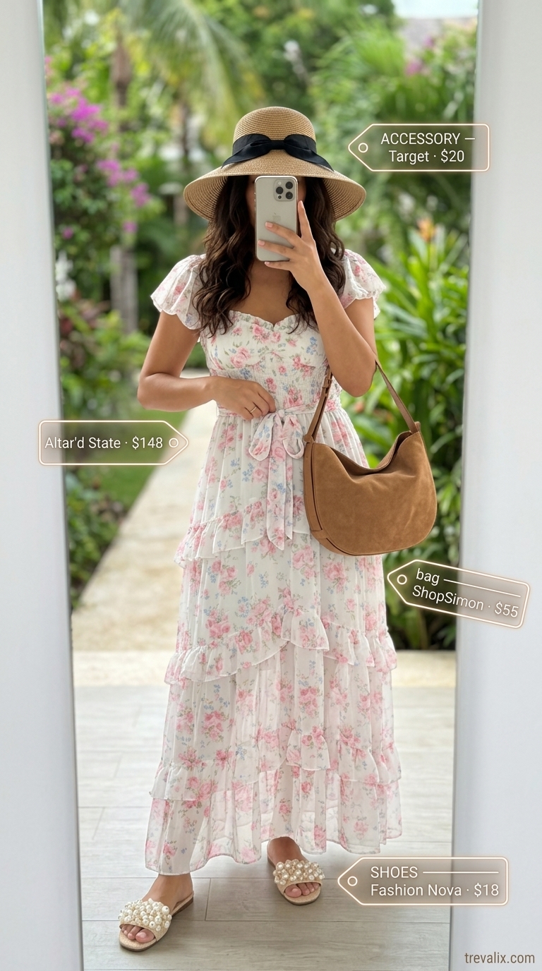 Chic summer vacation outfits for women 2026: Floral maxi dress, straw hat, flat sandals, and hobo bag.