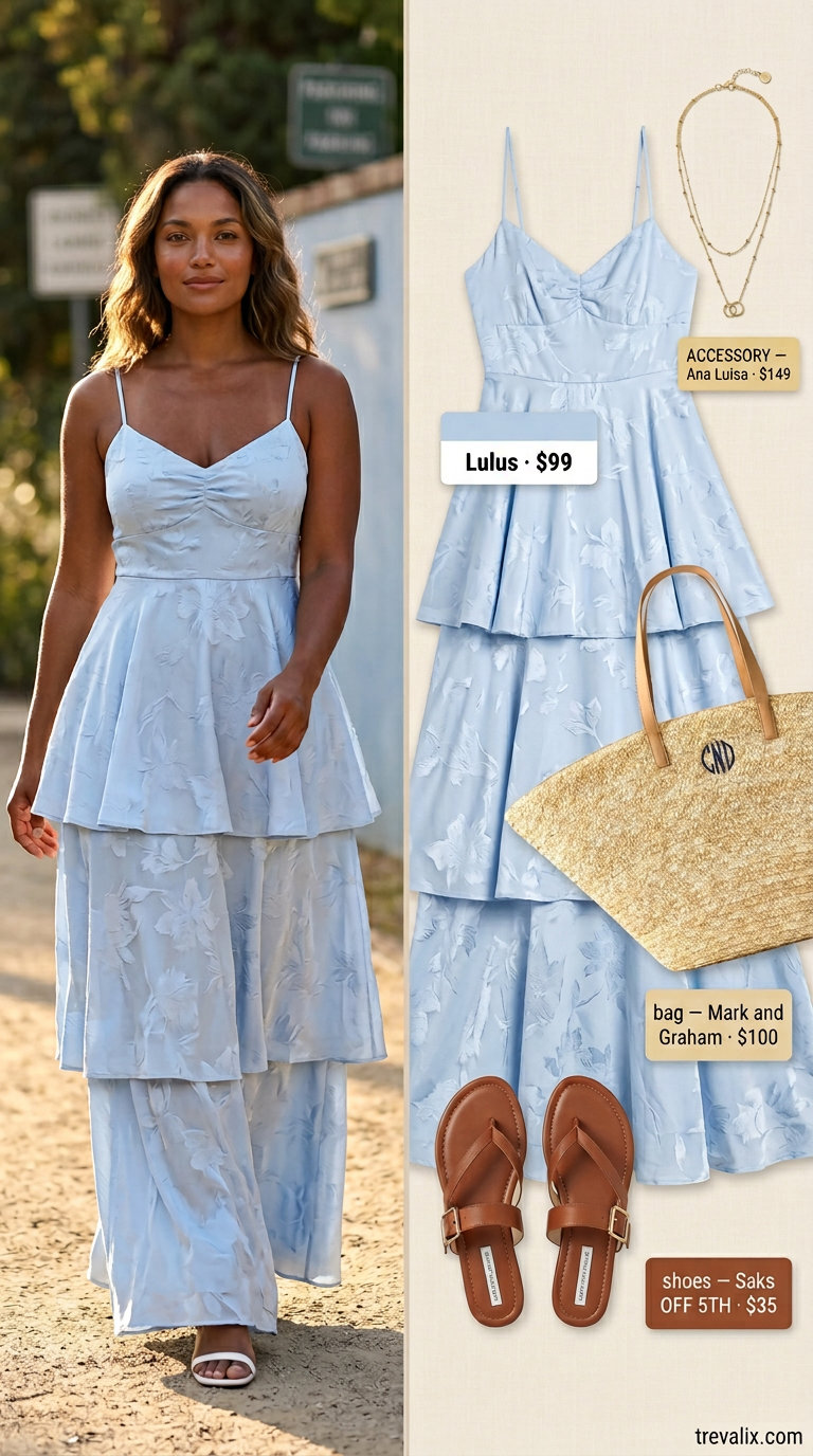 Chic summer vacation outfits for women 2026: Sky blue maxi dress, straw tote, and gold jewelry for beachside lunch.