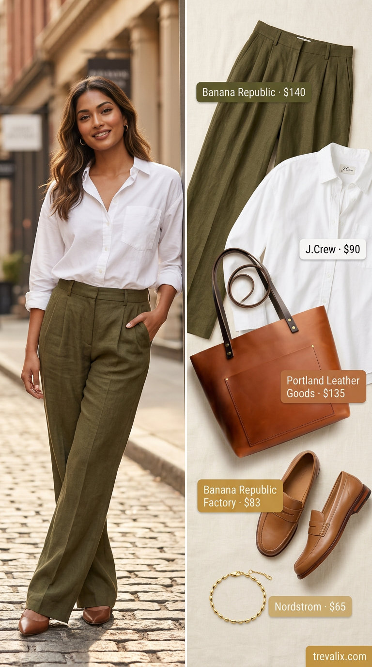 Chic summer vacation outfits for women 2026: Olive linen pants, white shirt, loafers for city sightseeing.