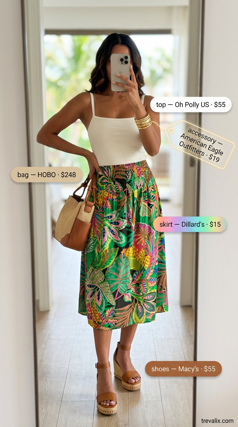 Chic summer vacation outfits for women 2026: Tropical print skirt, white crop top, espadrilles for island dinner.