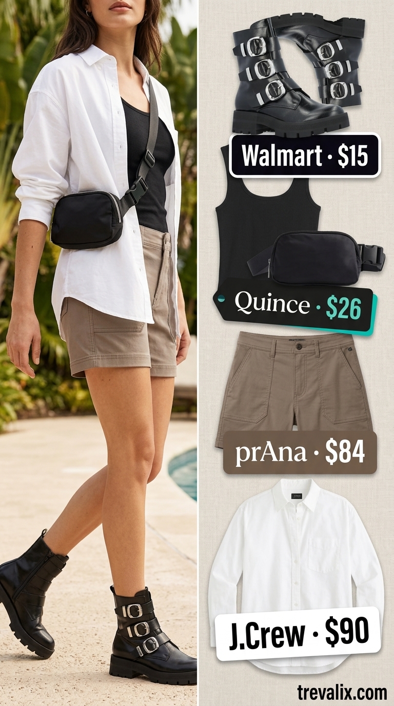 Chic summer vacation outfits for women 2026: Taupe cargo shorts, white shirt, black combat boots for city style.