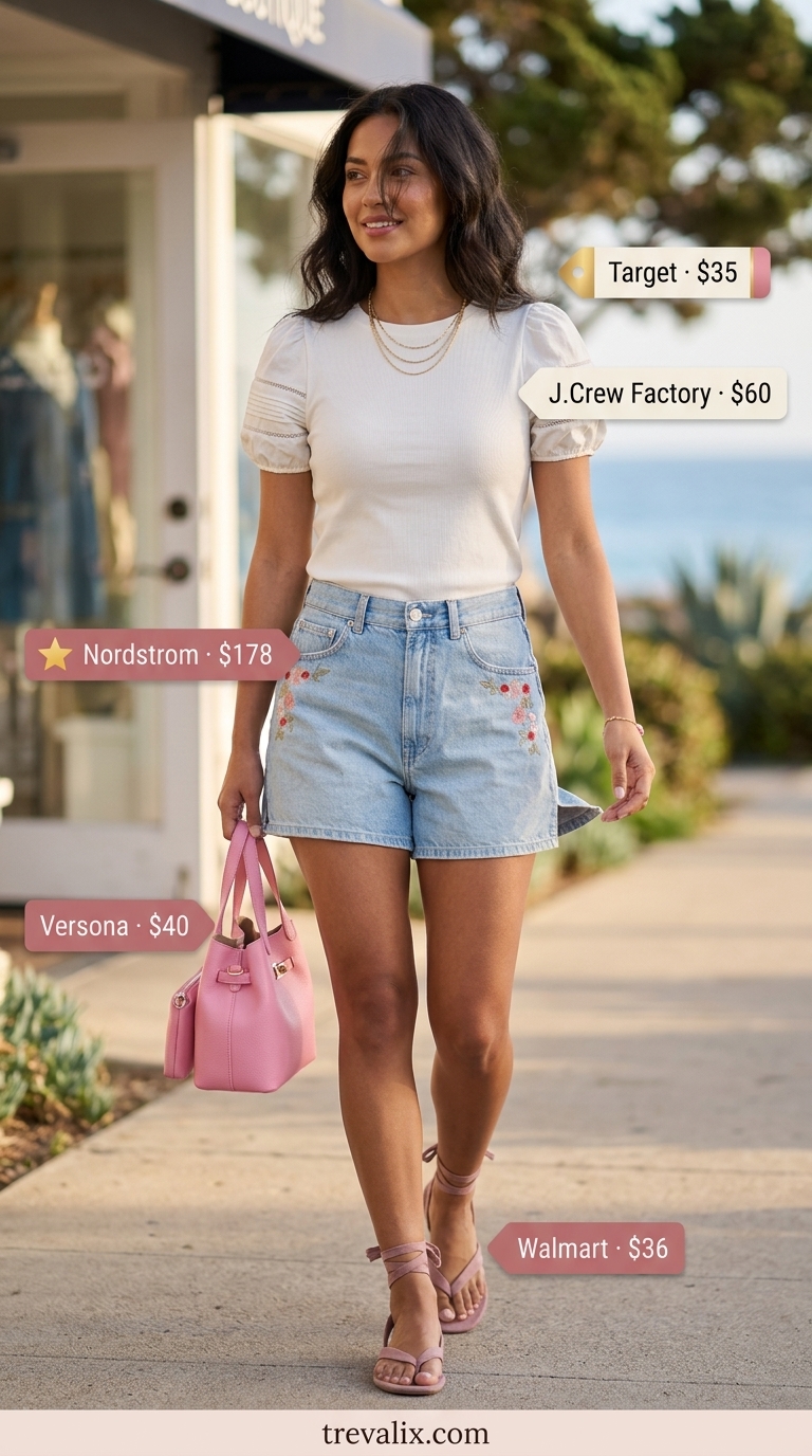 Chic summer vacation outfits for women 2026: Denim shorts & ivory puff-sleeve blouse, blush pink sandals & bag.