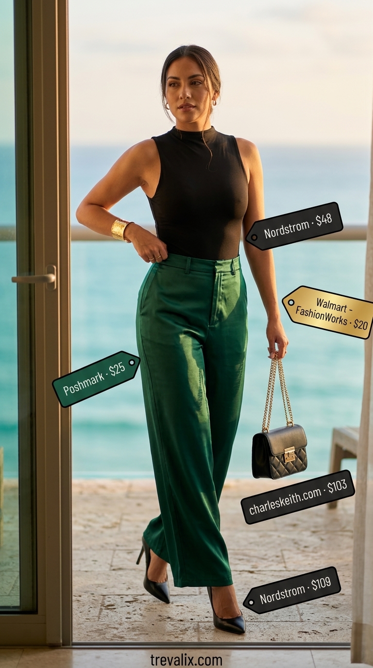 Chic summer vacation outfits for women 2026: Emerald green wide-leg pants, black bodysuit, gold cuff.