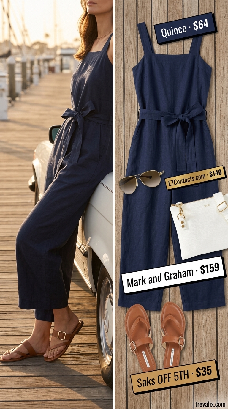 Chic summer vacation outfits for women 2026: Navy linen jumpsuit, tan sandals, white crossbody bag for travel.