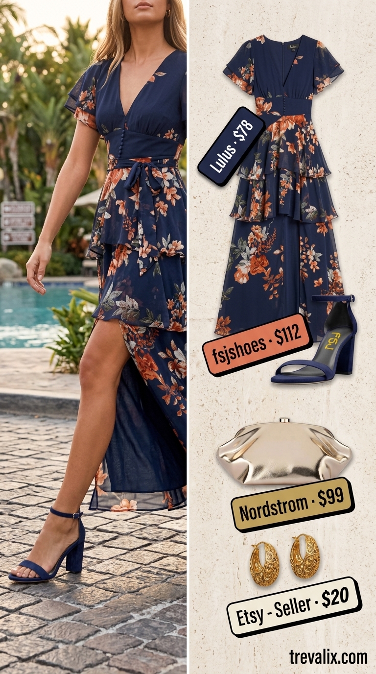 Chic summer vacation outfits for women 2026: Coral floral maxi dress, gold hoops, navy heels for evening events.