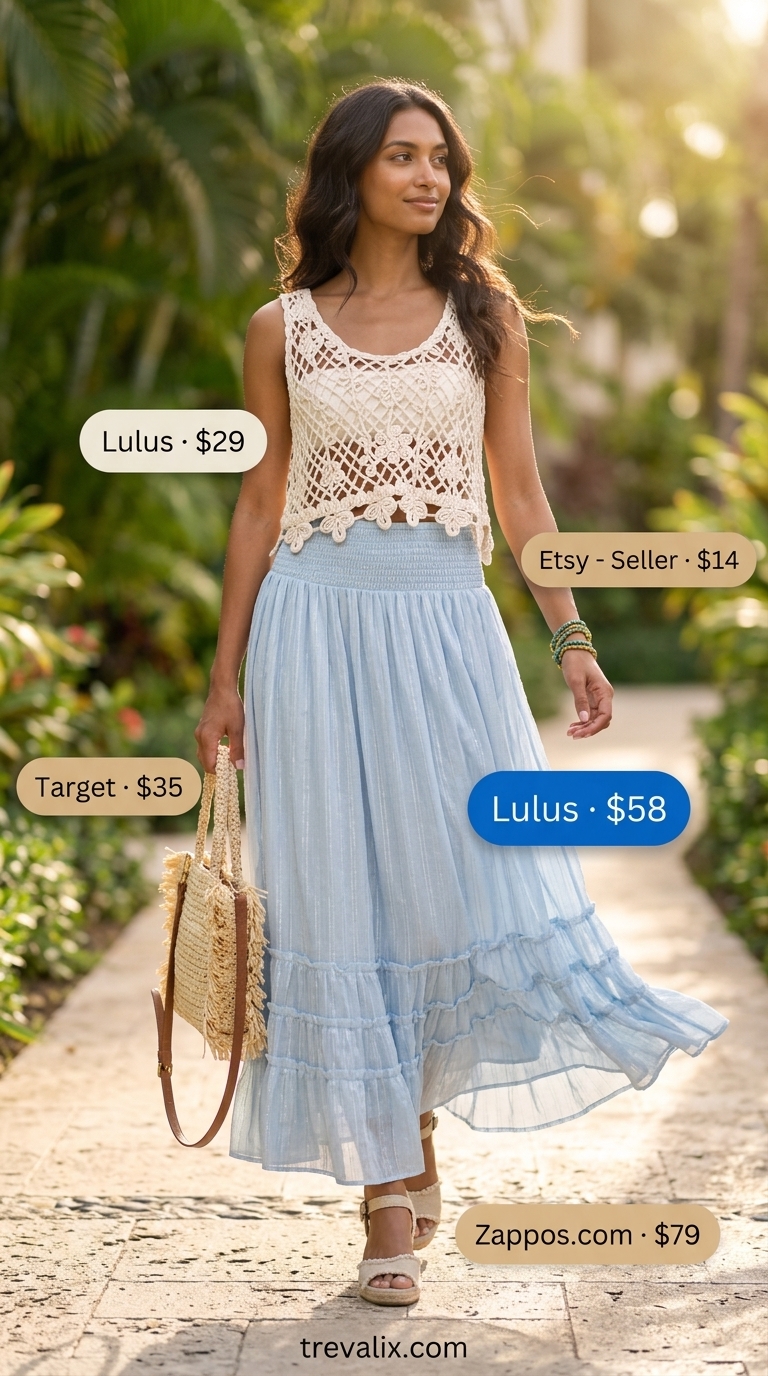 Chic summer vacation outfits for women 2026: Pastel blue midi skirt, cream crochet top, espadrille wedges.