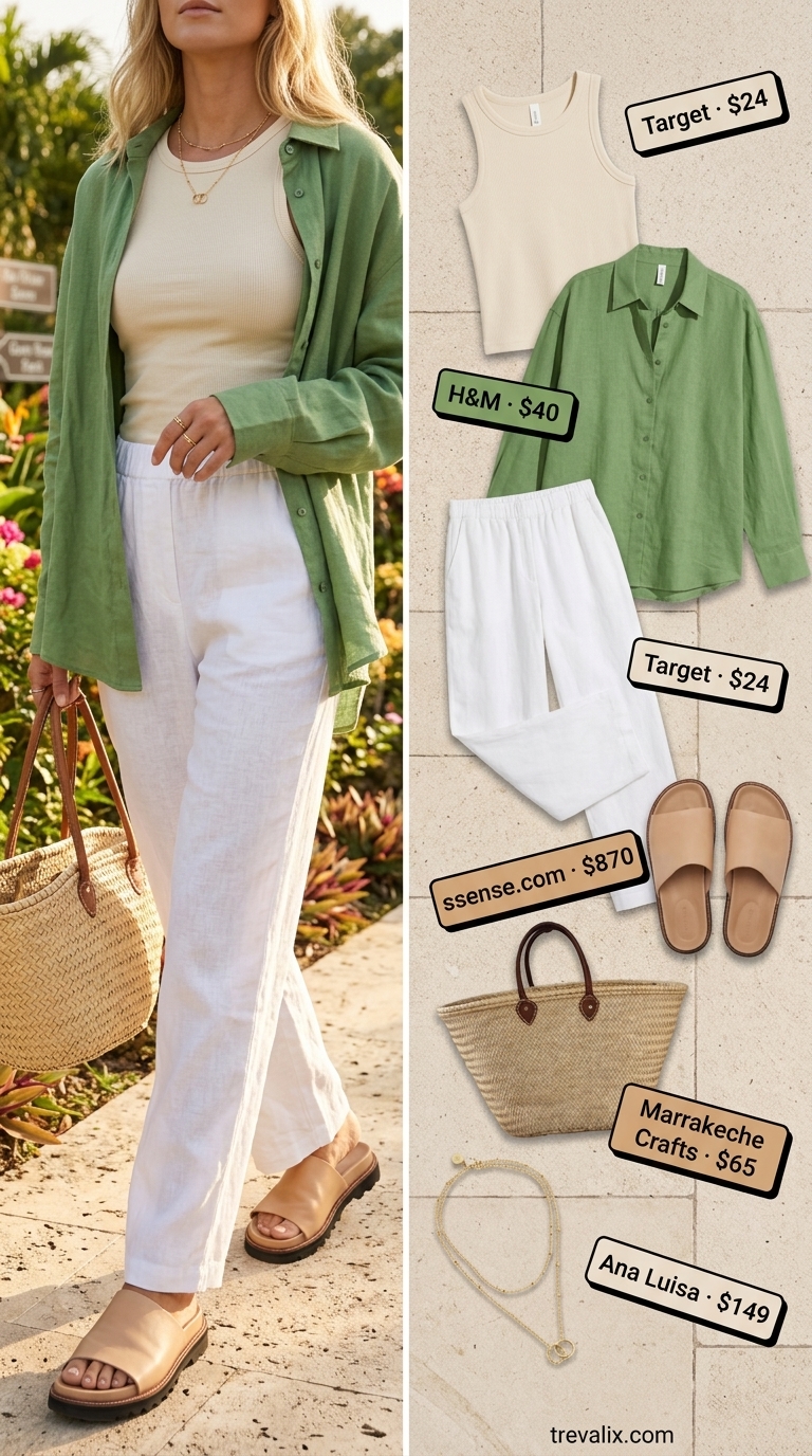 Chic summer vacation outfits for women 2026: Sage green linen set, cream tank, tan sandals for beach days.