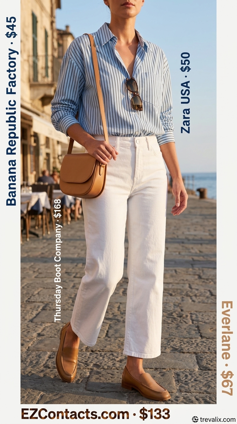 Chic summer vacation outfits for women 2026: Striped button-down, white jeans, tan loafers for classic style.