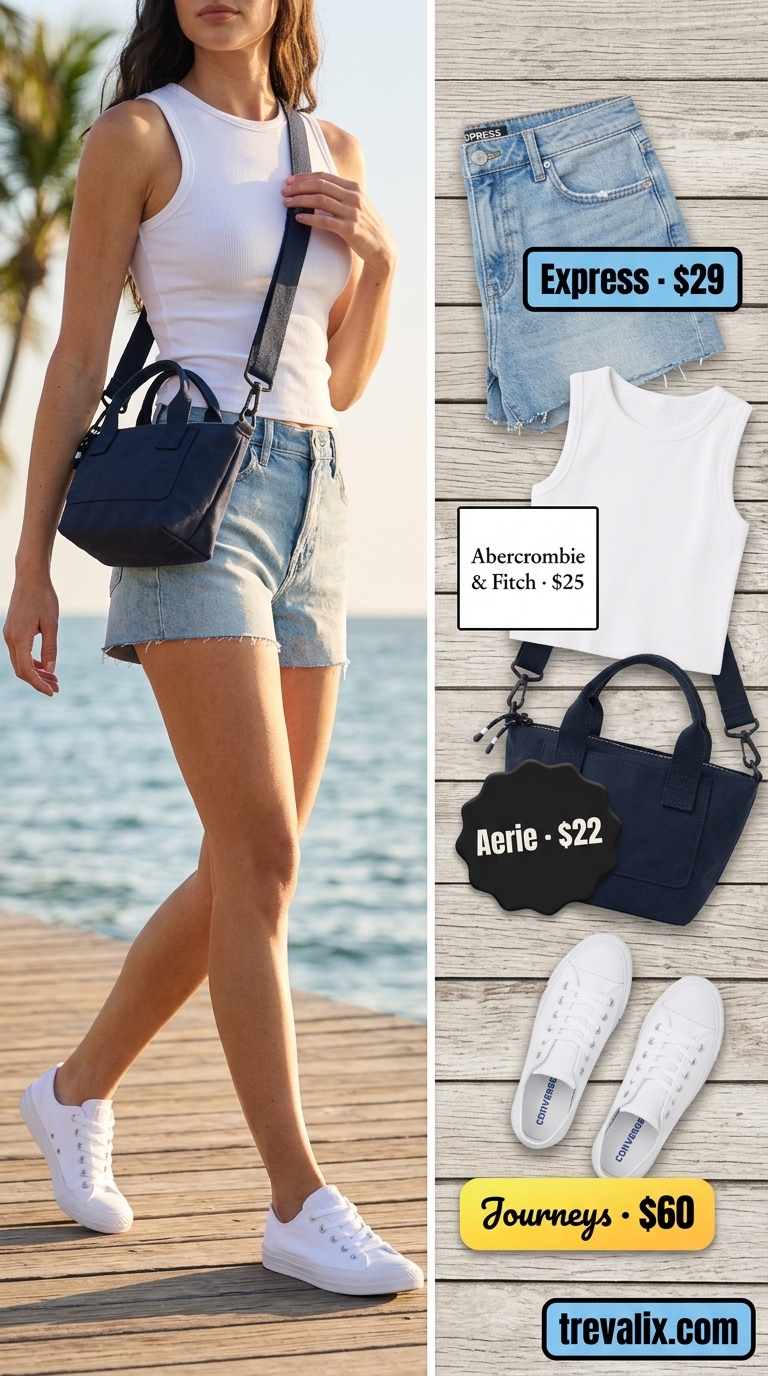 Coastal Summer Beach Outfit for Women 2026: Boardwalk Brunch Light wash denim shorts and sky blue oversized shirt for a coastal summer beach outfit for women 2026. Effortless boardwalk style.