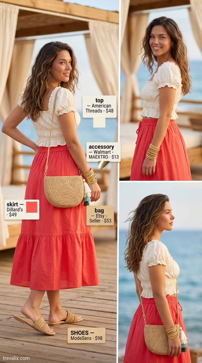 Coastal Summer Beach Outfit for Women 2026: Boho Beach Skirt Coastal summer beach outfit for women 2026: Coral midi skirt, beige crop top, and straw crossbody for boho beach market.