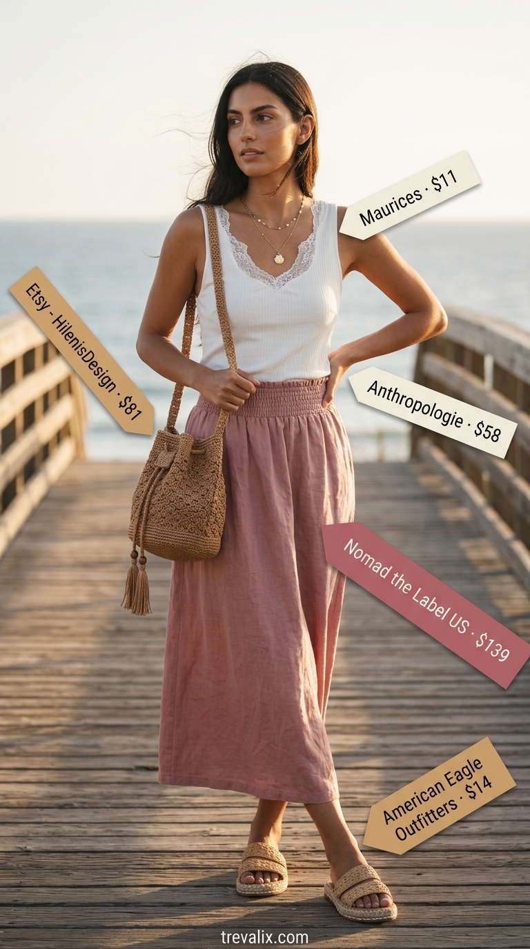 Coastal Summer Beach Outfit for Women 2026: Boho Beach Walk Dusty rose linen pants and white lace tank for a coastal summer beach outfit for women 2026. Bohemian beach walk style.