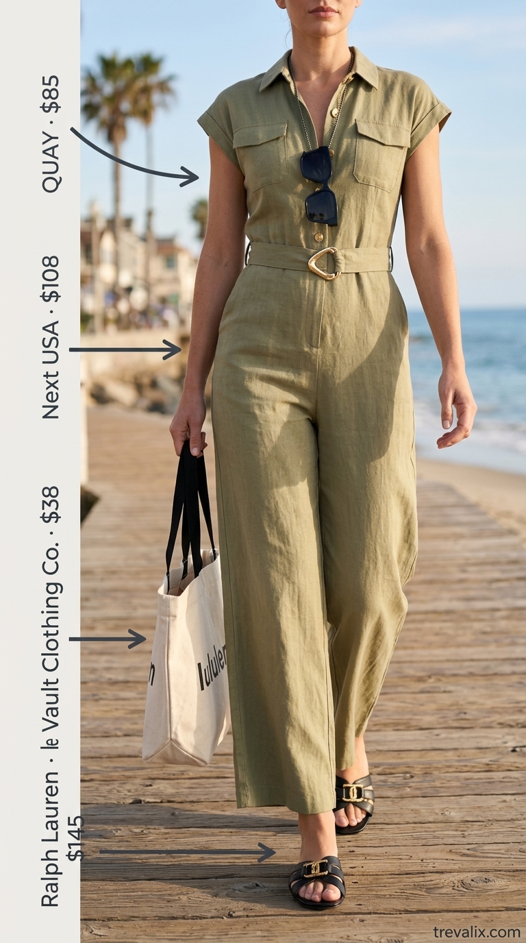Coastal Summer Beach Outfit for Women 2026: Safari Chic Khaki utility jumpsuit for a coastal summer beach outfit for women 2026. Adventurous and chic town exploring style.
