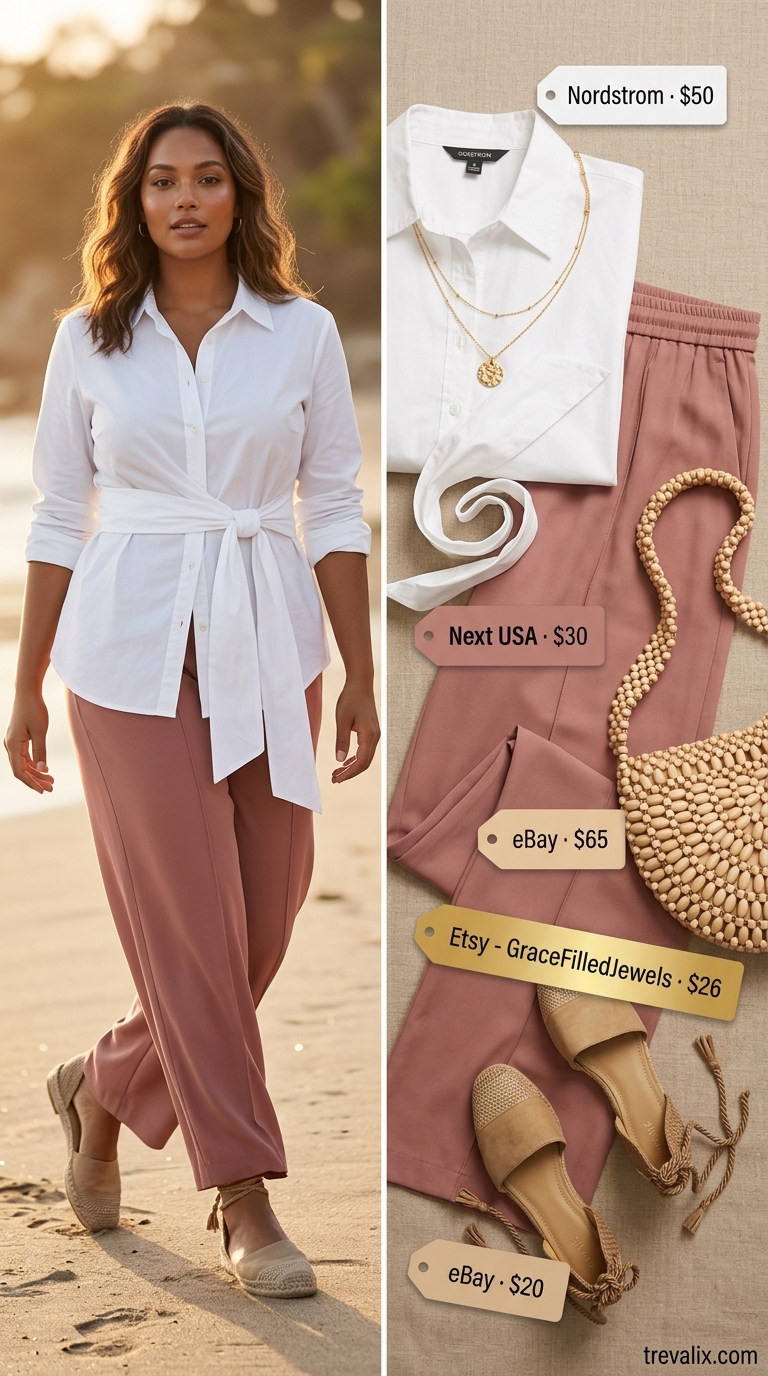Coastal Summer Beach Outfit for Women 2026: Beach Bonfire Chic Terracotta linen pants and white cropped shirt for a coastal summer beach outfit for women 2026. Chic earthy evening look.