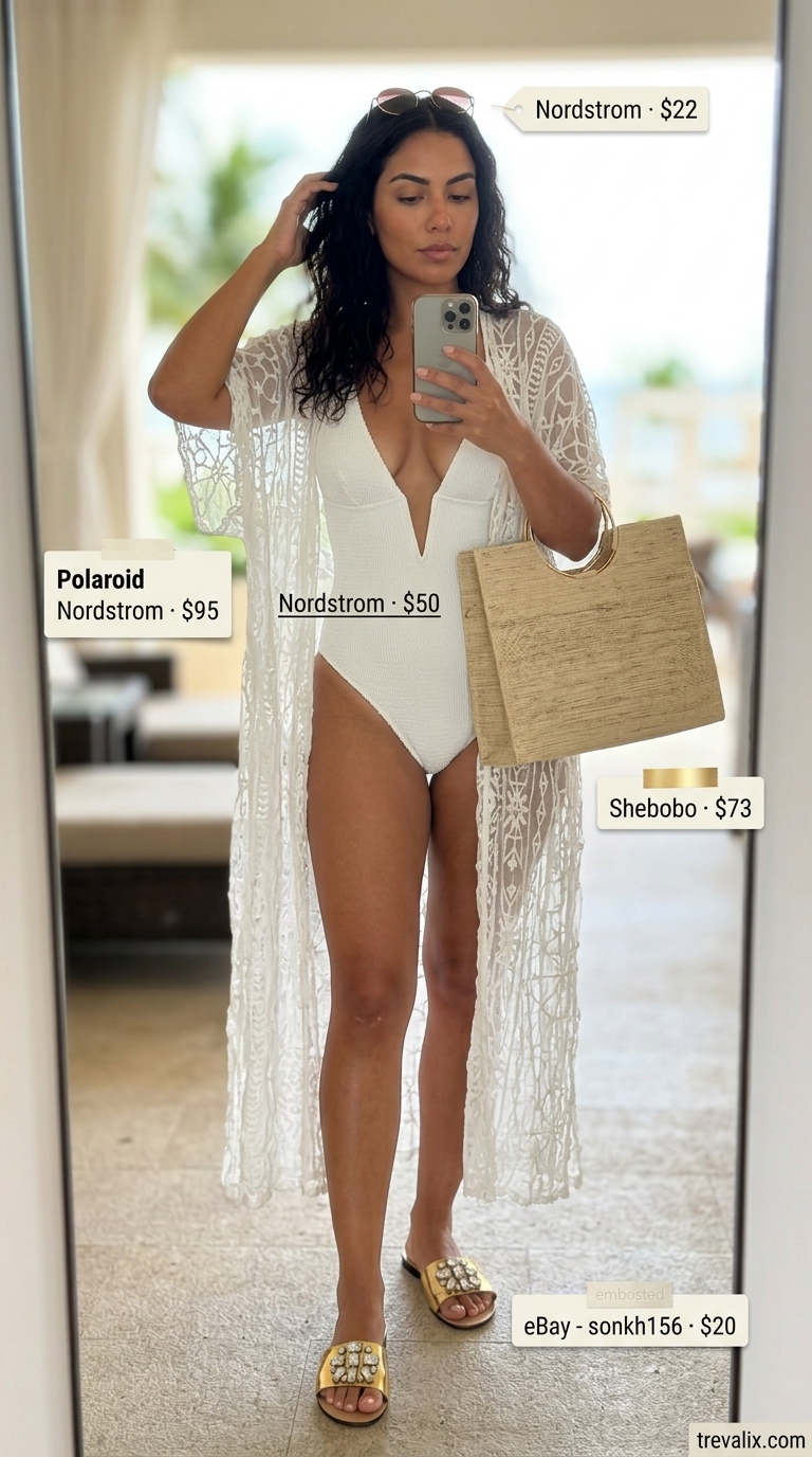 Coastal Summer Beach Outfit 2026: Glamorous Beach Look Coastal summer beach outfit for women 2026: White swimsuit, sheer caftan, straw tote, gold sunglasses.