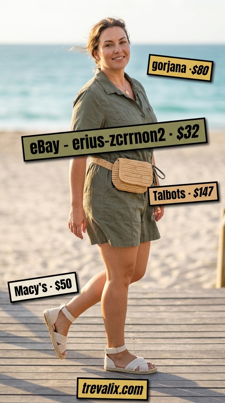 Coastal Summer Beach Outfit 2026: Island Romper Style Coastal summer beach outfit for women 2026: Olive green utility romper, tan espadrilles, straw bag, gold necklace.