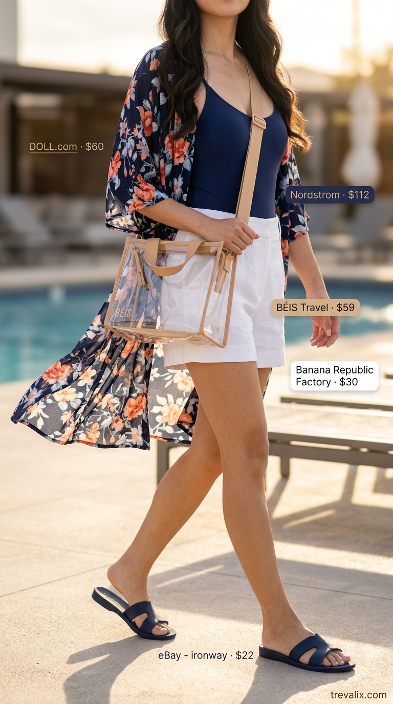 Coastal Summer Beach Outfit 2026: Kimono Cover-Up Coastal summer beach outfit for women 2026: Navy floral kimono, white linen shorts, clear tote, navy swimsuit.