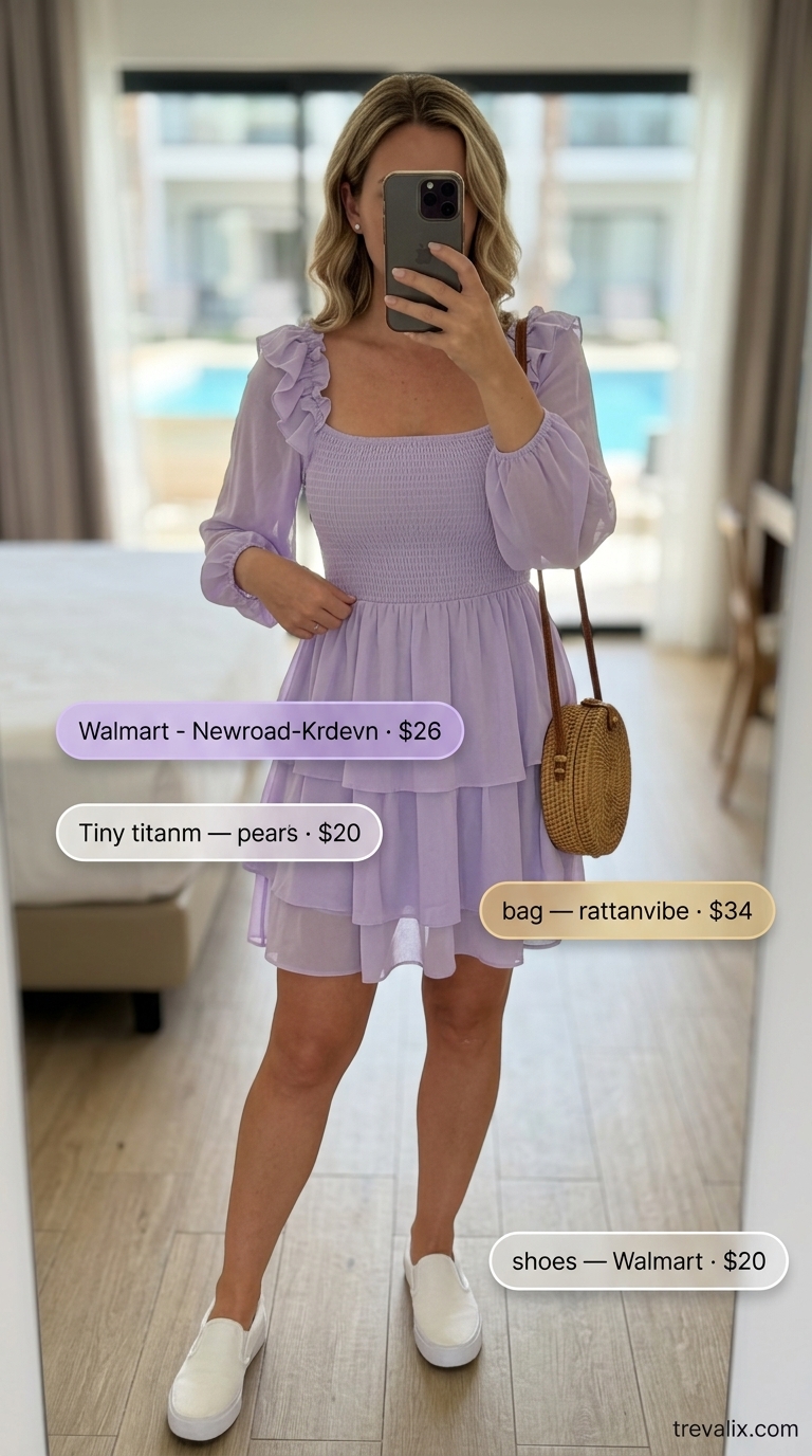 Coastal Summer Beach Outfit for Women 2026: Lakeside Romance Pastel lavender smocked mini sundress for a coastal summer beach outfit for women 2026. Feminine and romantic lakeside style.