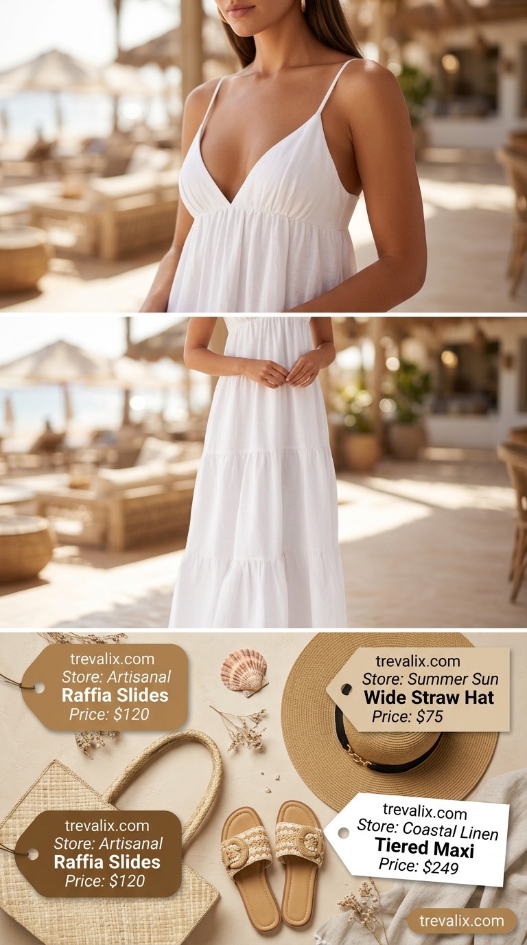 Coastal Summer Beach Outfit for Women 2026: Linen Dress Coastal summer beach outfit for women 2026: Flowy white linen maxi dress, straw hat, tote bag, and sandals for resort lunch.