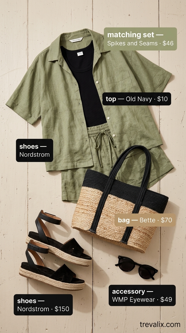 Coastal Summer Beach Outfit for Women 2026: Linen Set Coastal summer beach outfit for women 2026: Olive green linen matching set with jute tote for exploring coastal towns.