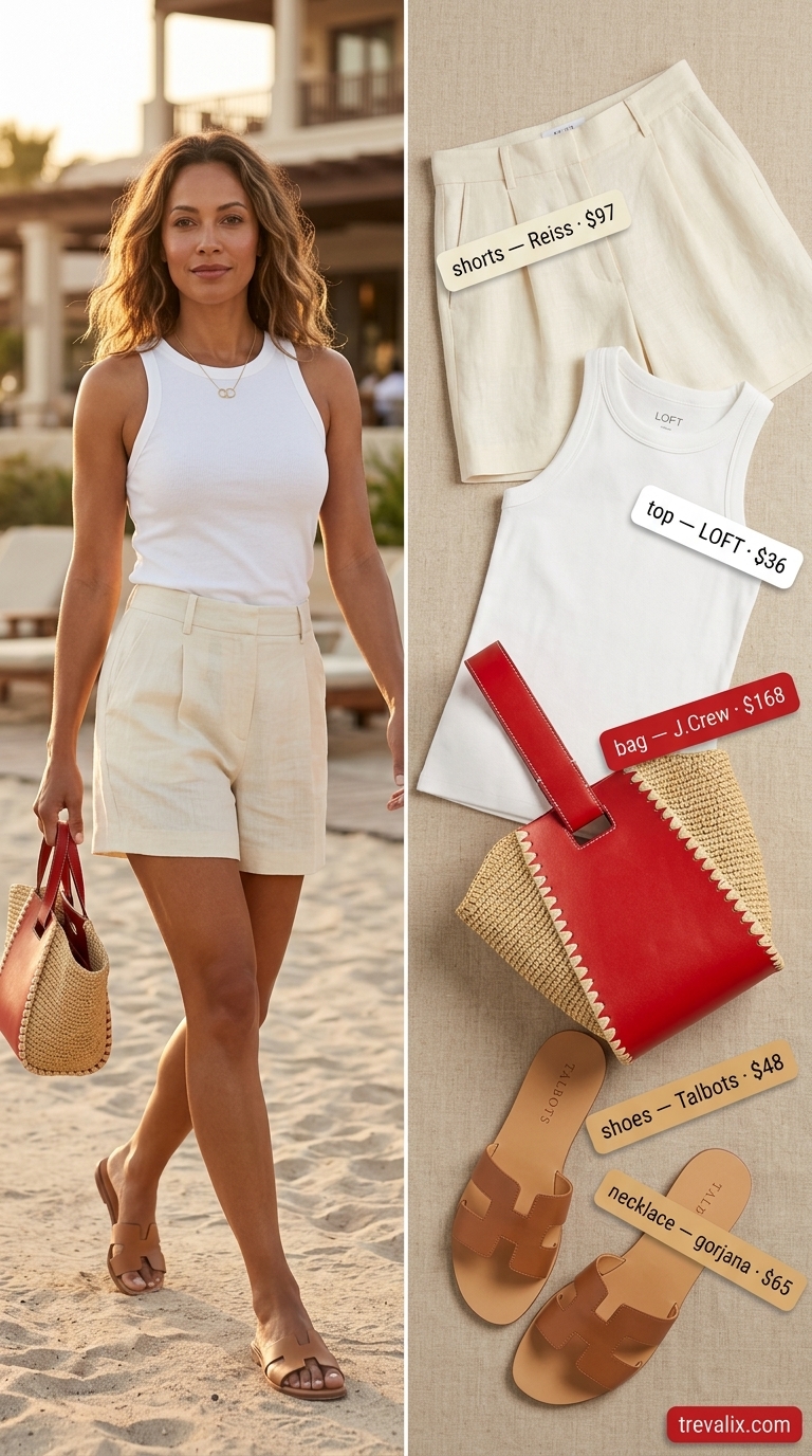 Coastal Summer Beach Outfit 2026: Linen Shorts Style Coastal summer beach outfit for women 2026: Cream linen shorts, ivory knit tank, straw bag, gold necklace.