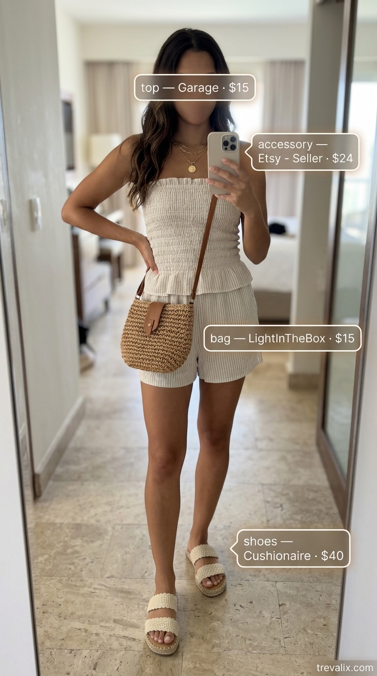 Coastal Summer Beach Outfit 2026: Midi Skirt Vibes Coastal summer beach outfit for women 2026: Olive green midi skirt, ecru bandeau top, layered gold necklaces.