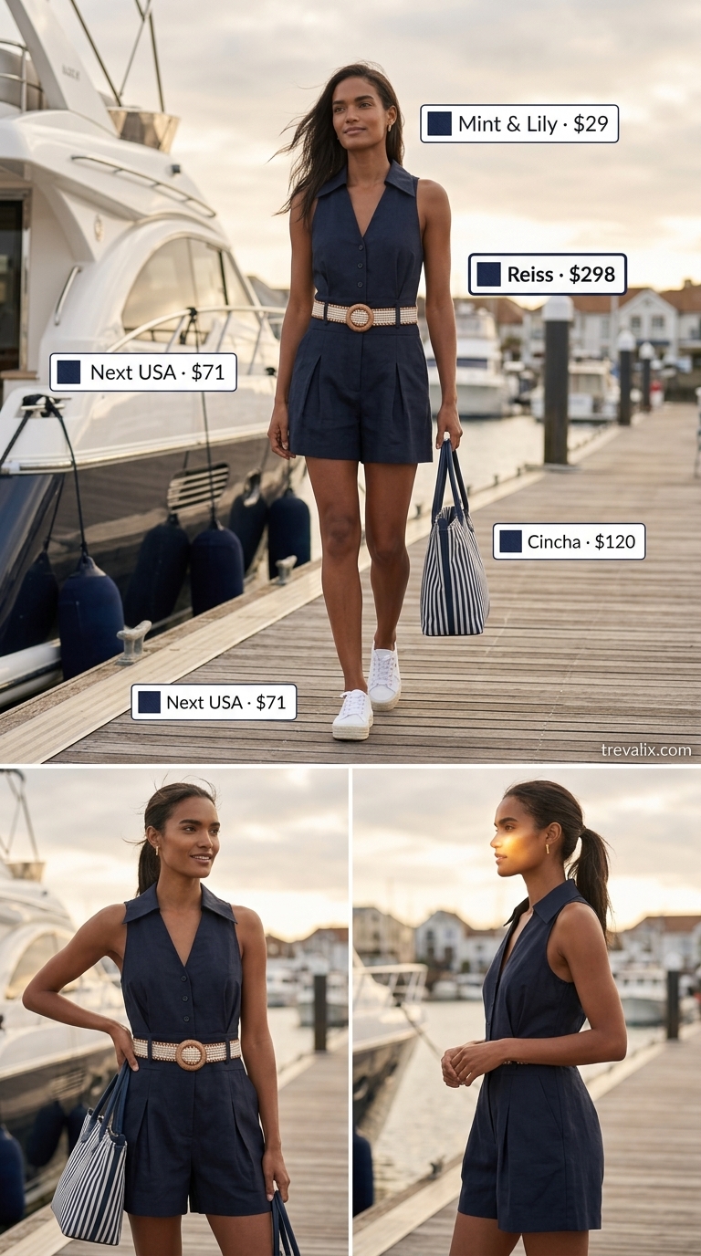 Coastal Summer Beach Outfit for Women 2026: Nautical Romper Coastal summer beach outfit for women 2026: Navy linen romper, red silk scarf, and espadrilles for nautical sightseeing.