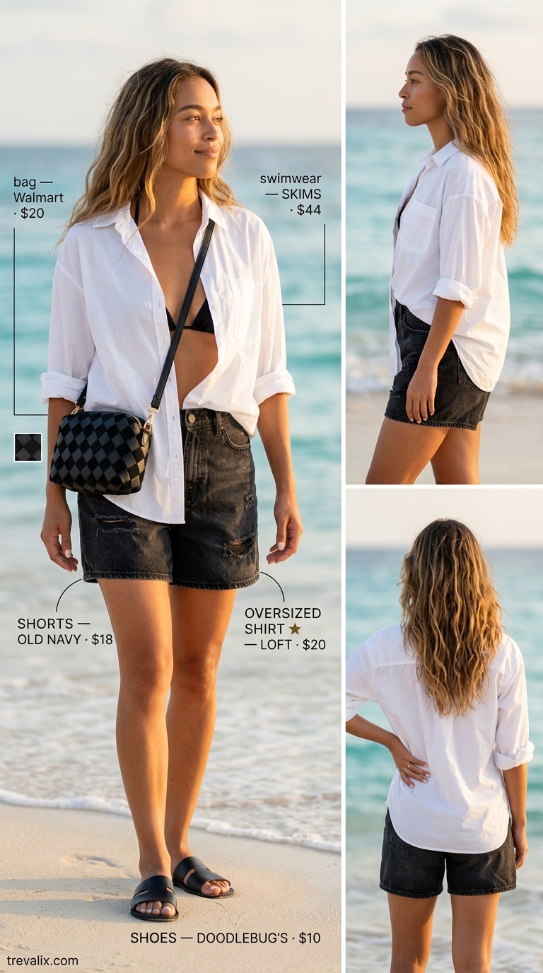 Coastal Summer Beach Outfit for Women 2026: Oversized Shirt Coastal summer beach outfit for women 2026: White oversized shirt over bikini with denim shorts for minimalist beach look.