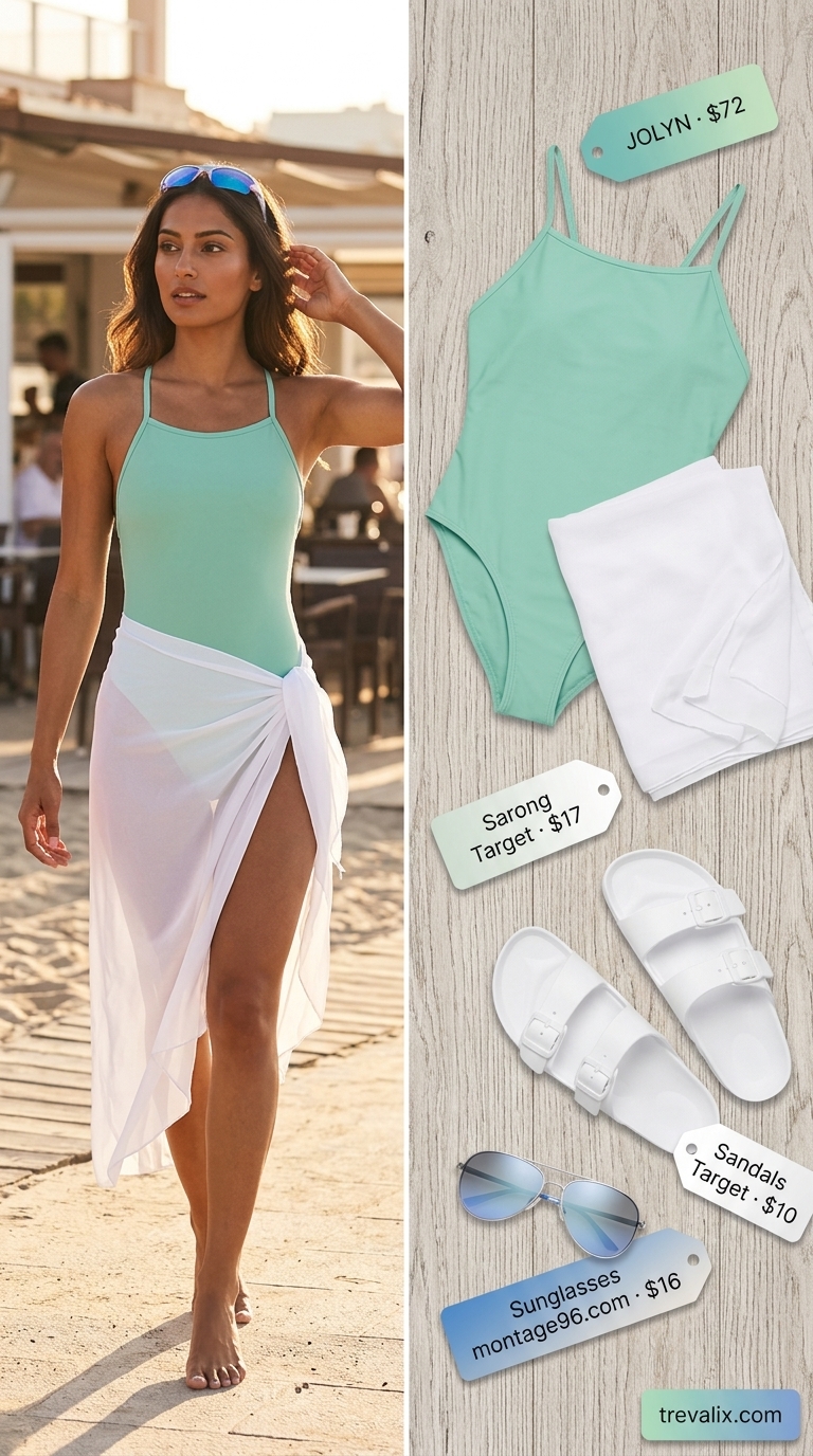 Coastal Summer Beach Outfit for Women 2026: Pool Party Swim Coastal summer beach outfit for women 2026: Seafoam green swimsuit with white sarong and canvas tote for pool party.