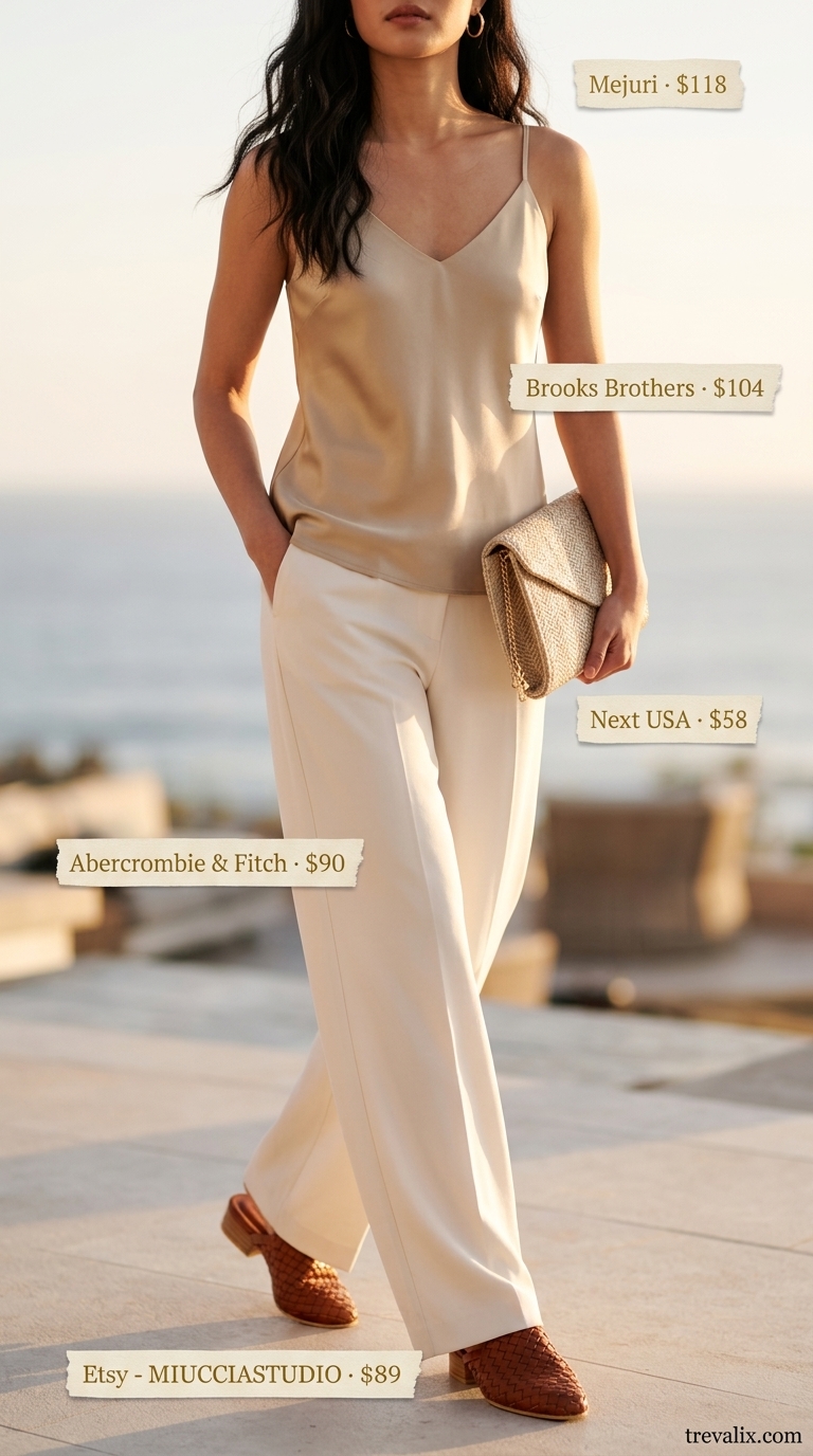 Coastal Summer Beach Outfit 2026: Resort Evening Chic Coastal summer beach outfit for women 2026: Cream linen pants, taupe silk cami, woven clutch, gold earrings.