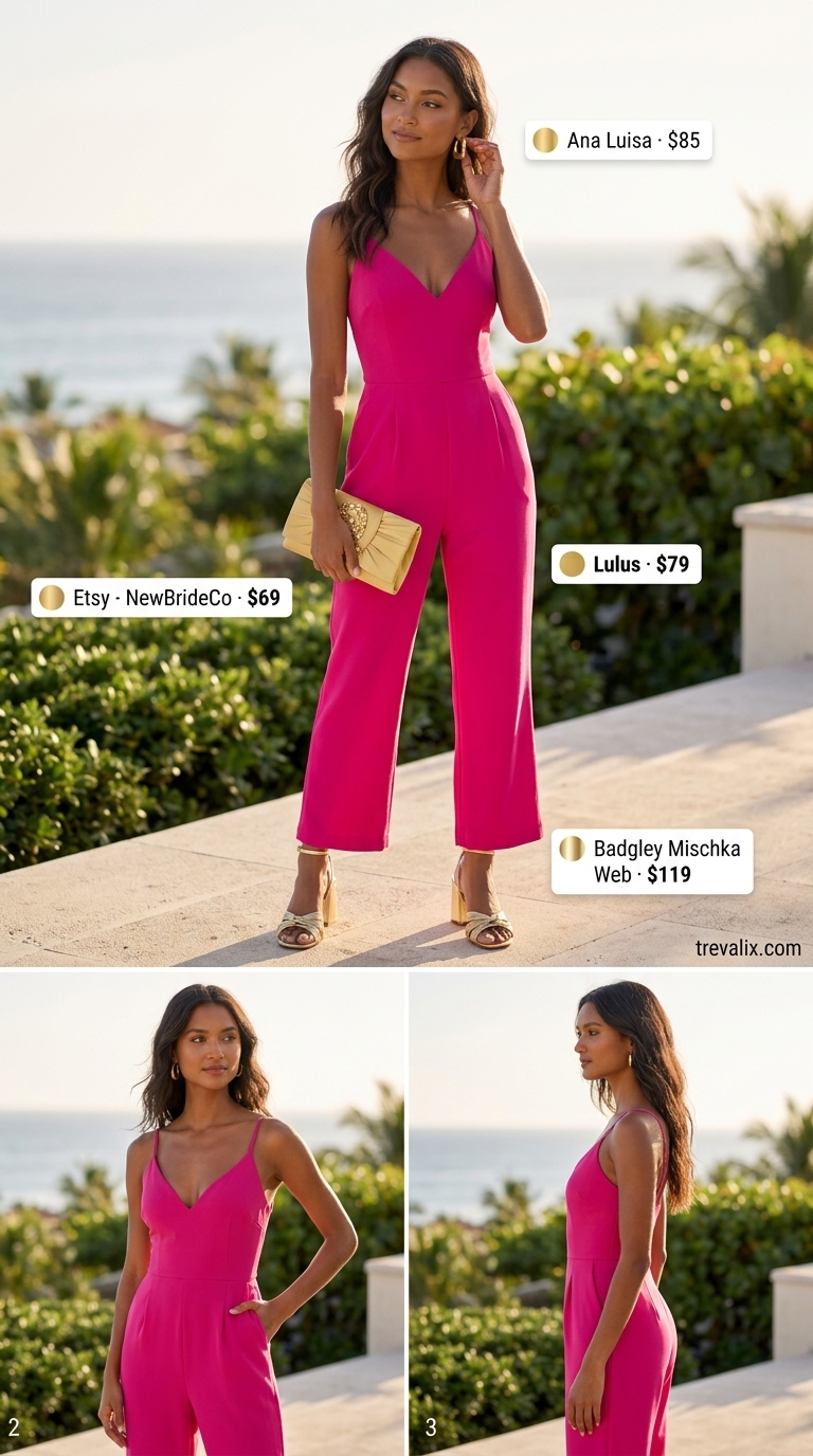 Coastal Summer Beach Outfit for Women 2026: Resort Jumpsuit Coastal summer beach outfit for women 2026: Fuchsia wide-leg jumpsuit with gold accessories for tropical resort dinner.