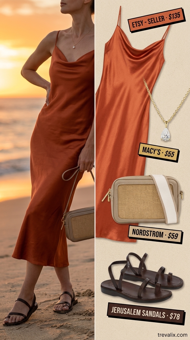 Coastal Summer Beach Outfit 2026: Satin Slip Dress Coastal summer beach outfit for women 2026: Terracotta satin slip dress, tan sandals, raffia bag, gold necklace.