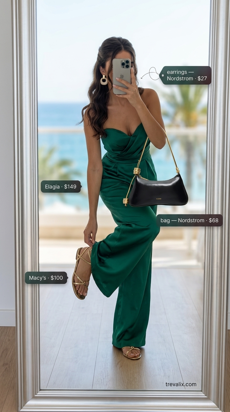 Coastal Summer Beach Outfit for Women 2026: Sunset Cocktails Emerald green satin jumpsuit for coastal summer beach outfit for women 2026. Perfect for sunset cocktails and resort events.