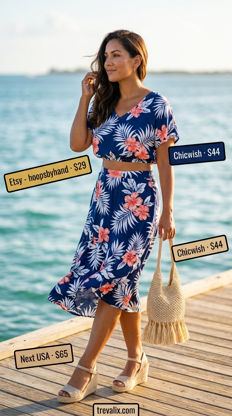 Coastal Summer Beach Outfit 2026: Tropical Matching Set Coastal summer beach outfit for women 2026: Navy tropical matching set, straw bag, espadrille wedges.