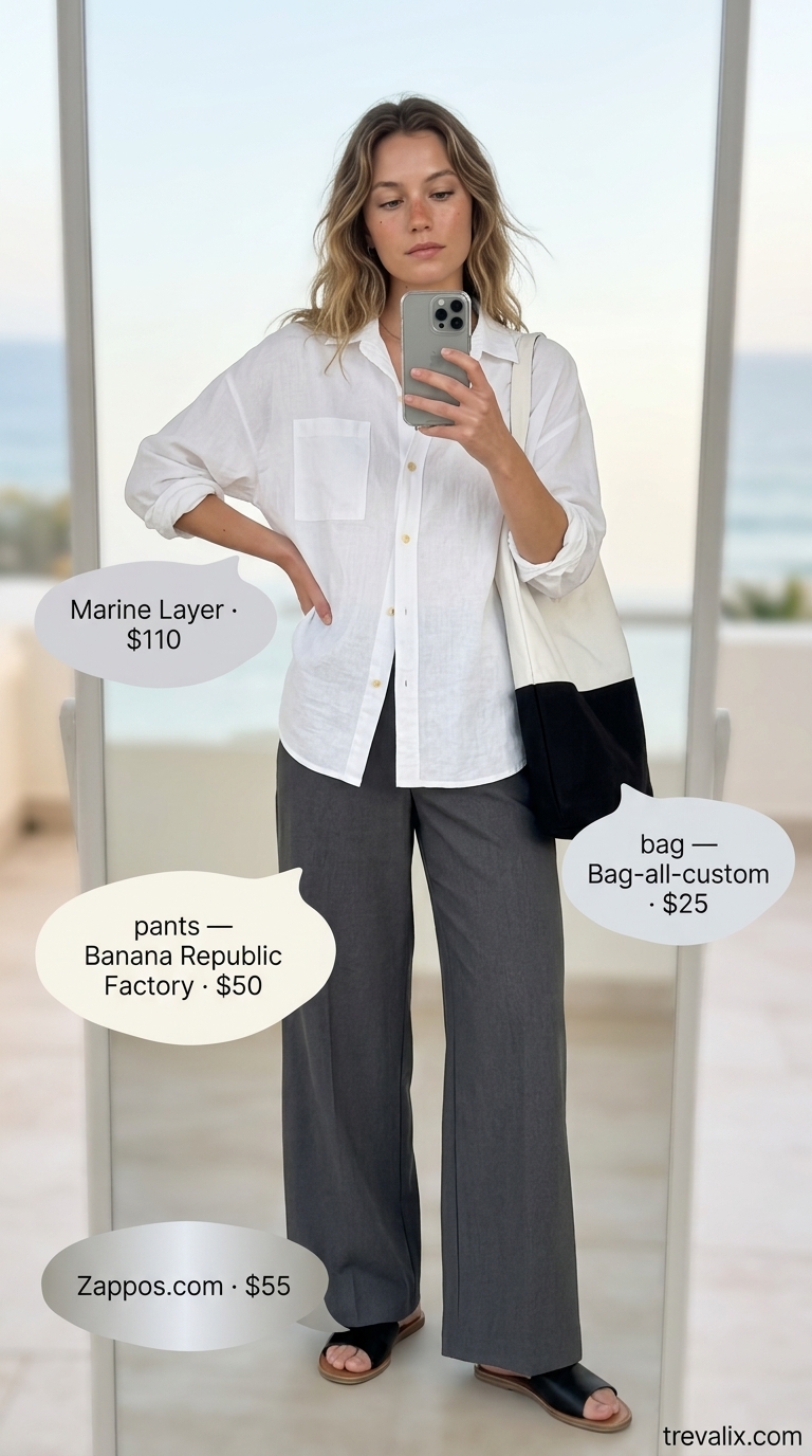 Coastal Summer Beach Outfit 2026: Wide-Leg Pants Coastal summer beach outfit for women 2026: Charcoal wide-leg pants, white tank, linen shirt, canvas tote.