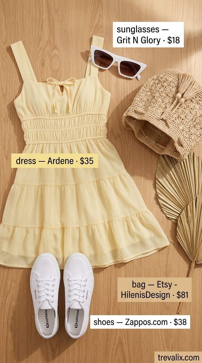 Coastal Summer Beach Outfit for Women 2026: Yellow Sundress Coastal summer beach outfit for women 2026: Pastel yellow sundress with white sneakers and straw bucket bag for a day out.
