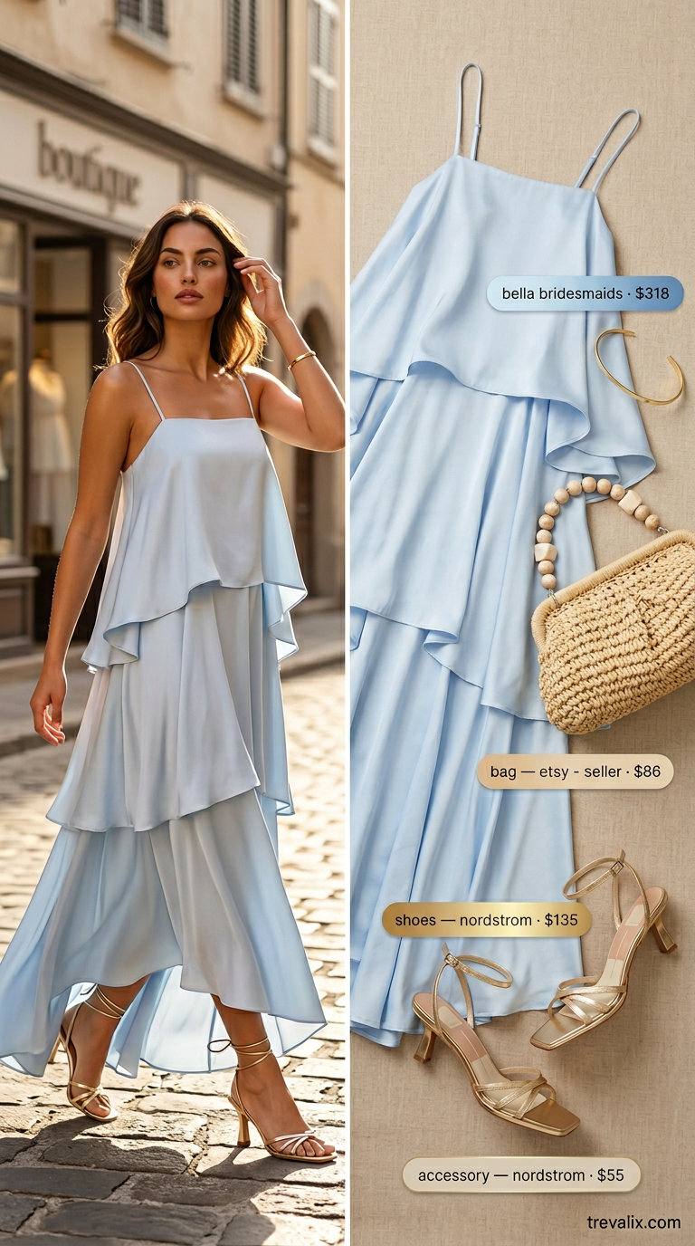 Sky blue maxi dress outfit for women 2026: gold sandals, woven clutch. Summer evening event style.