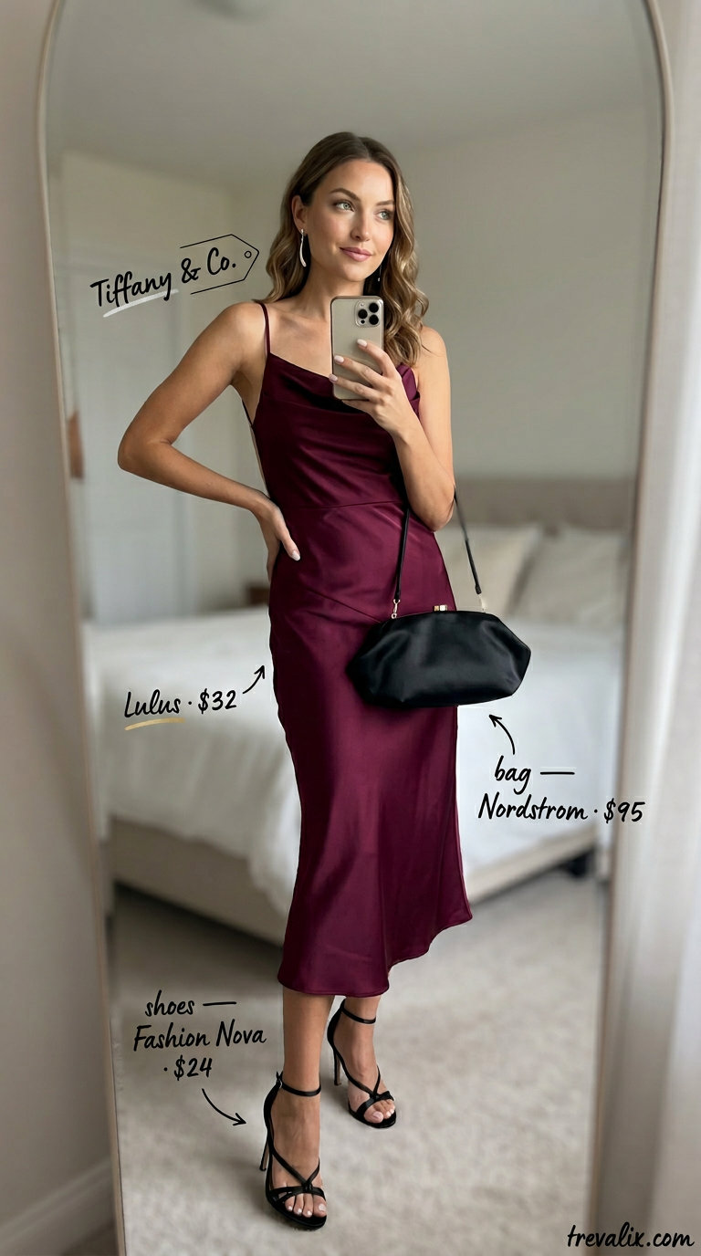 Burgundy backless midi dress outfit for women 2026: silver earrings, black sandals, clutch. Evening event style.